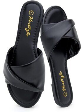 Women's Black Flat Slip On Open Toe Casual Slides Cushioned Footbed Summer Shoes